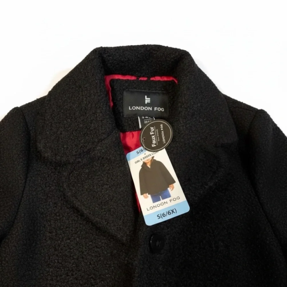 London Fog NWT Girls Coat 6/6X Black Teddy Jacket Hot Pink Lining Heart Buttons - Picture 2 of 8